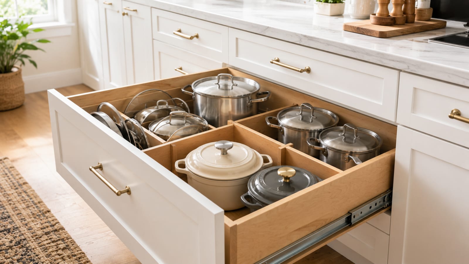 Deep kitchen drawer with organized pots, pans, and Dutch ovens using wooden dividers