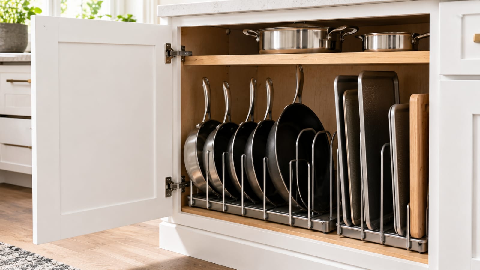 Vertical pan storage using adjustable dividers inside a modern kitchen cabinet