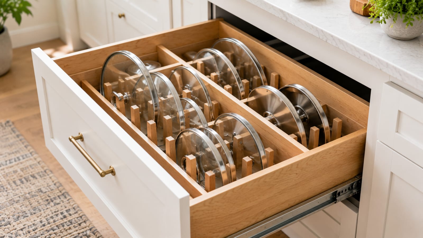 Adjustable lid organizer storing pot lids neatly inside a modern kitchen drawer