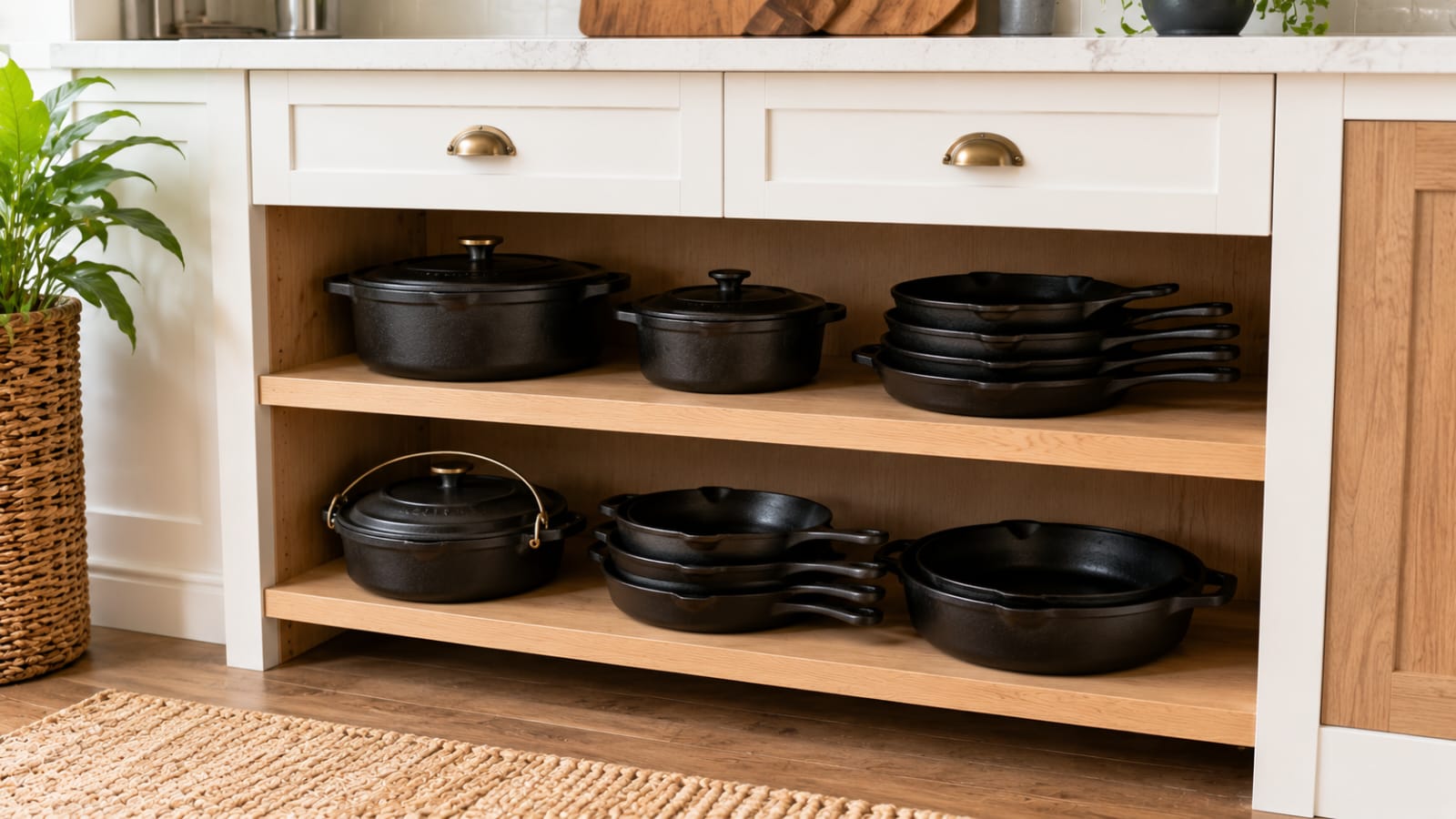 Cast iron skillets neatly stored on a sturdy lower kitchen shelf