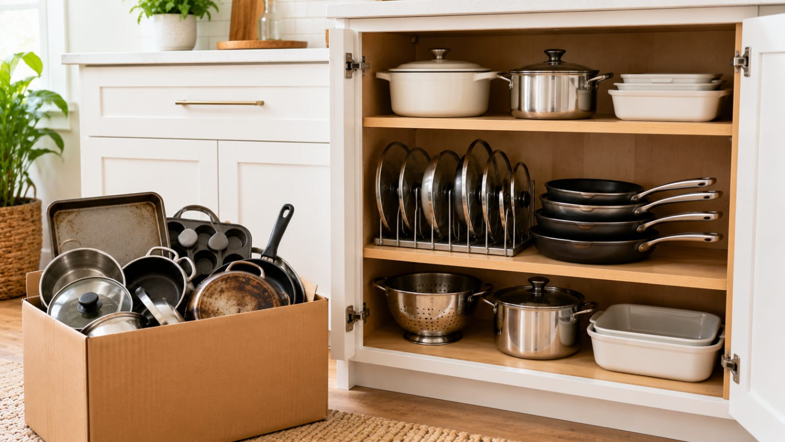 Donation box with old pots and pans beside an organized kitchen cabinet