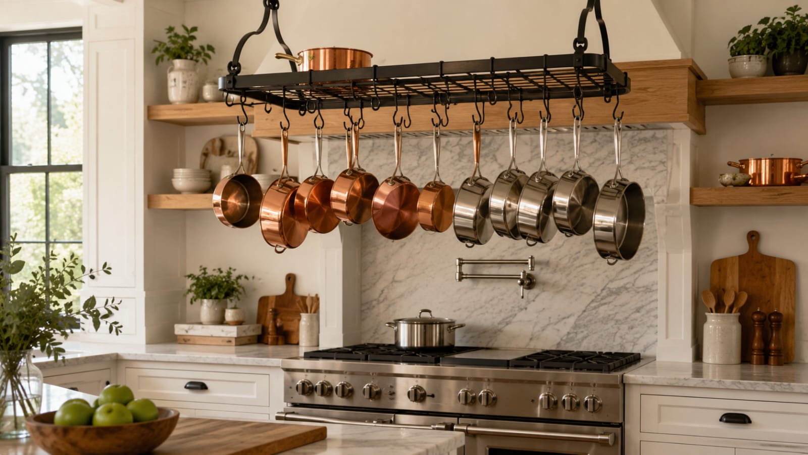 Pot and pan storage ideas with a hanging pot rack above the stove in a modern farmhouse kitchen