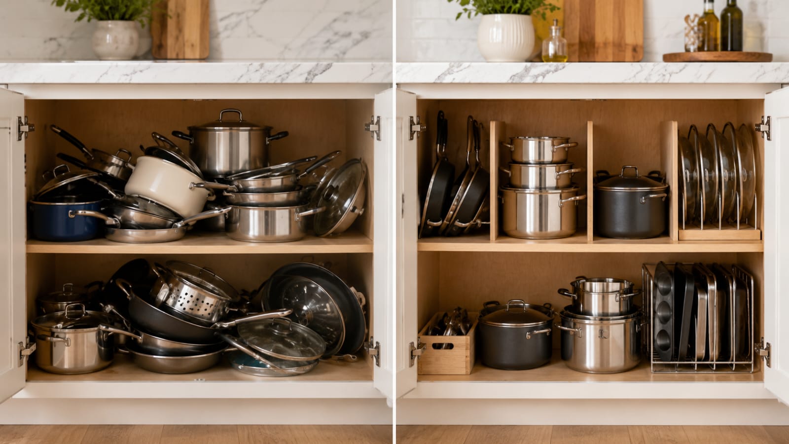 Before and after pot and pan storage ideas showing an organized kitchen cabinet