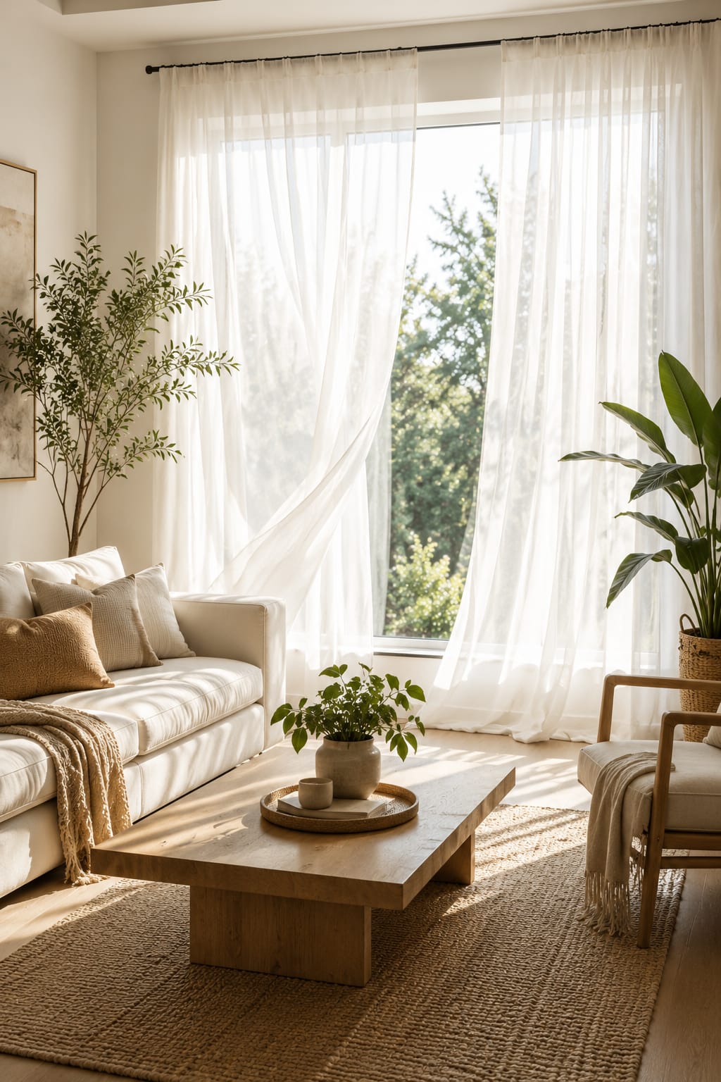 Sheer living room curtain ideas with flowing white curtains and soft natural light.