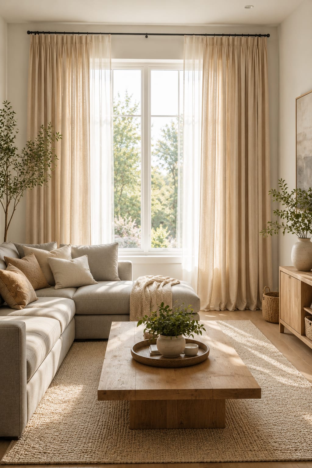 Layered beige linen curtains with sheer white panels in a bright modern living room featuring a neutral sofa, wooden coffee table, and Scandinavian-inspired decor."