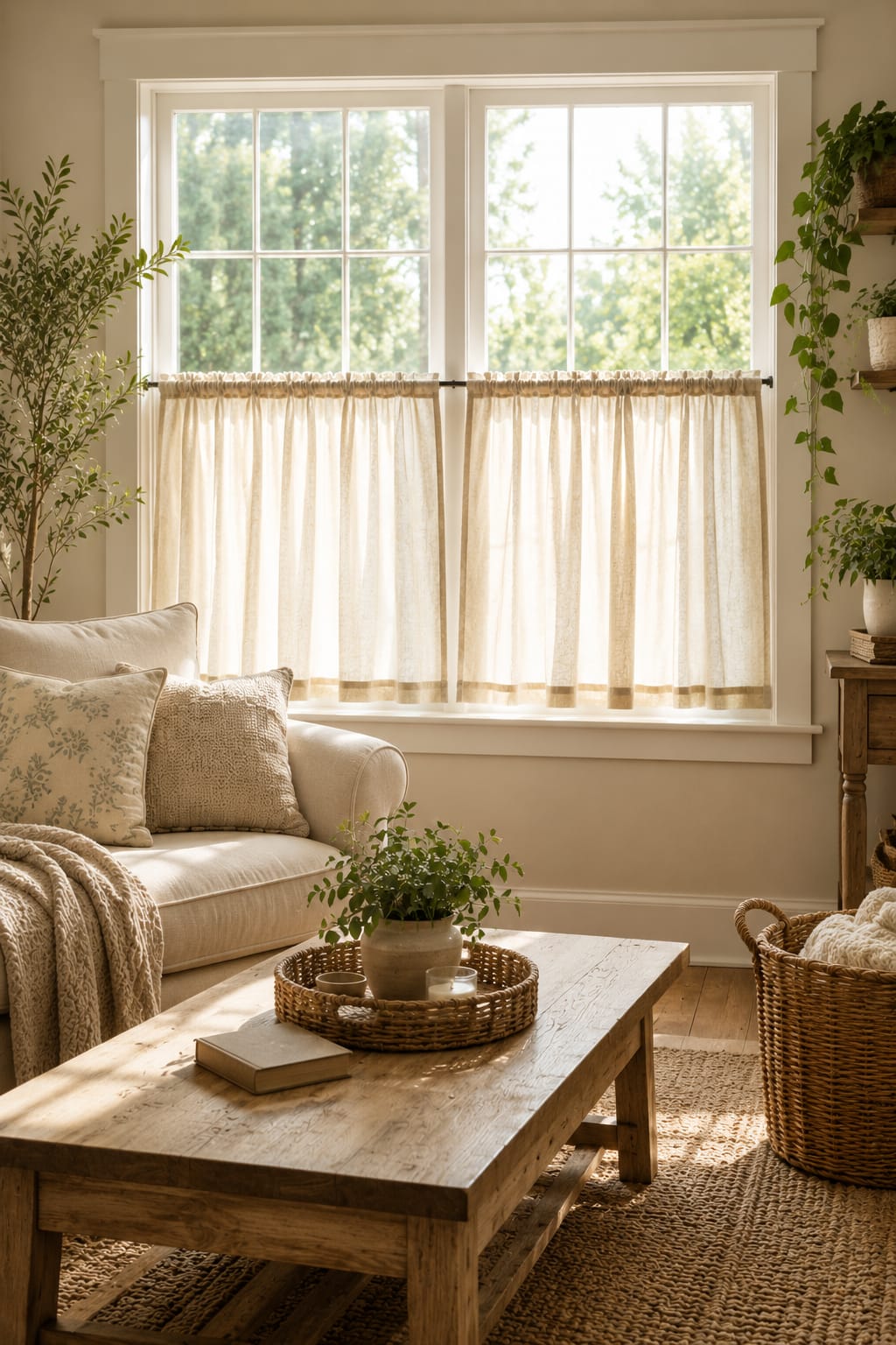Cozy living room with café-style curtains covering the lower half of a bright window in a modern farmhouse interior.