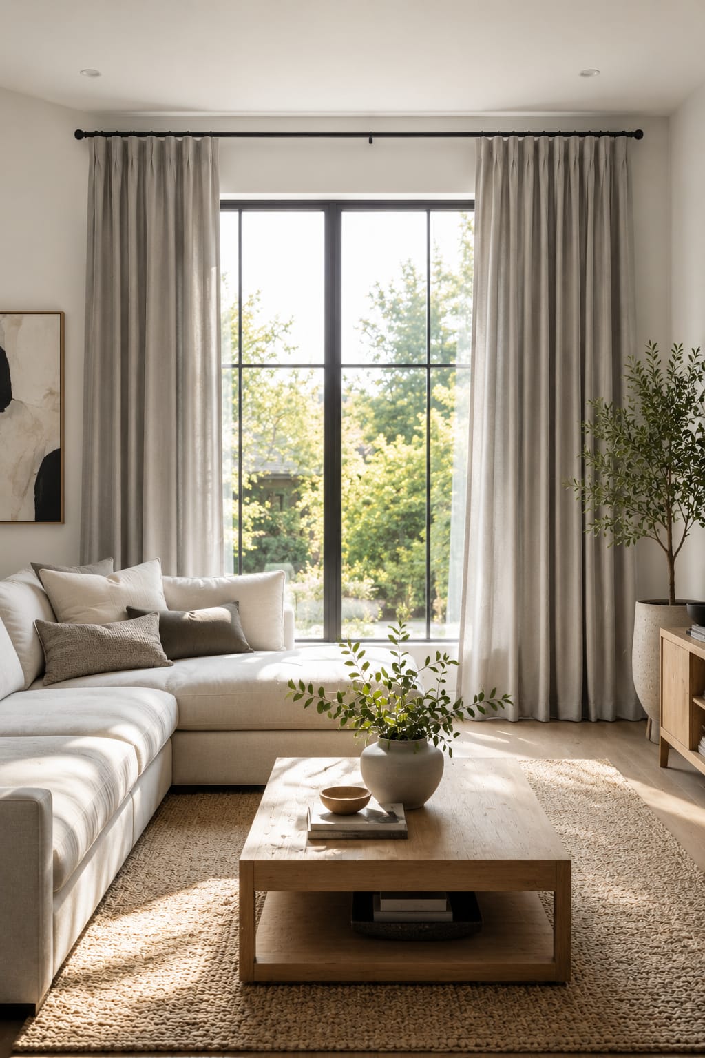 Modern living room with minimalist solid-color curtain panels and matte black curtain rod in a bright contemporary interior."