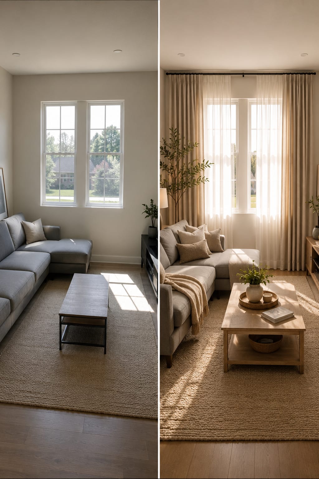 Before and after living room transformation showing how elegant layered curtains completely change the look and feel of the space.