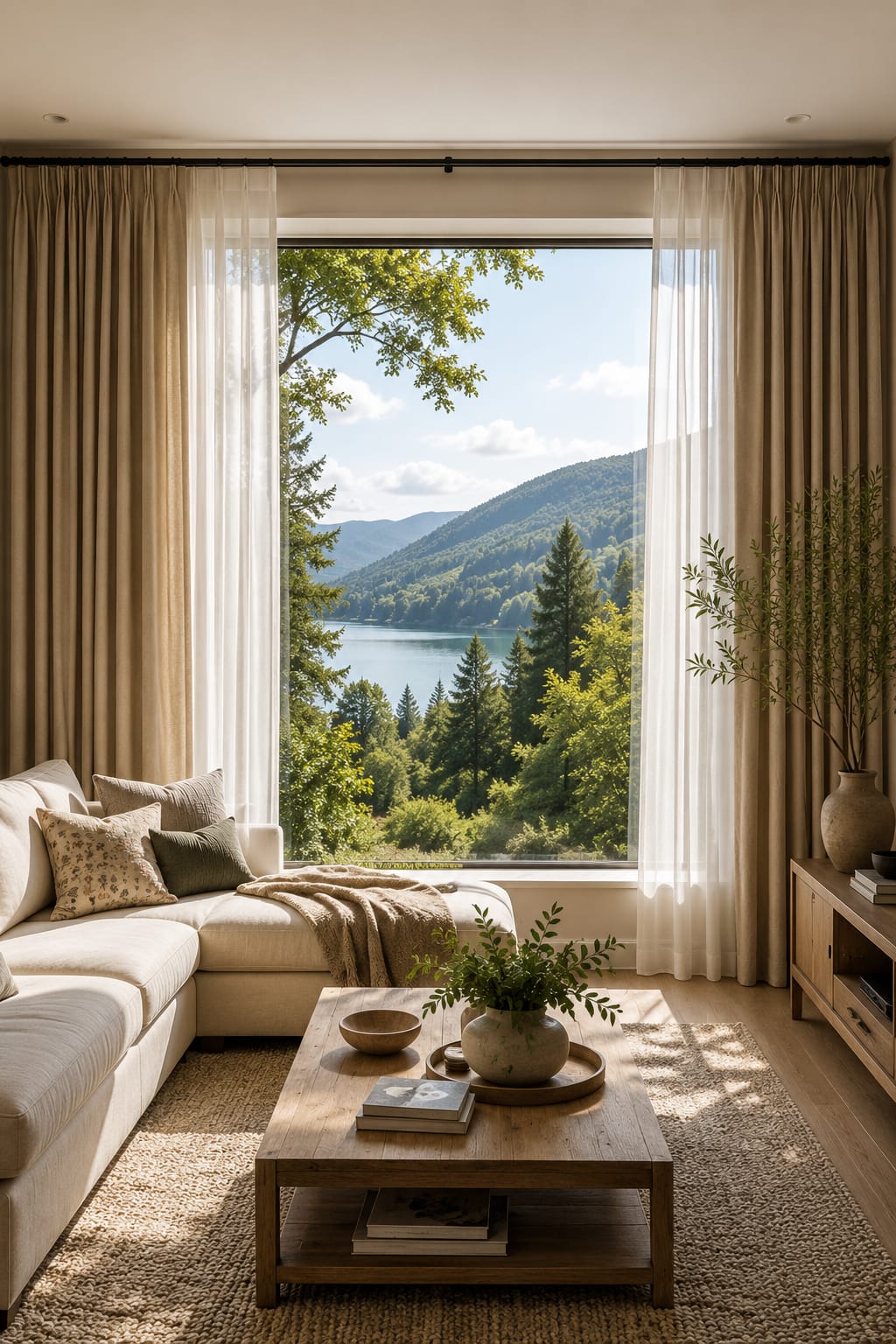 Before and after living room transformation showing how elegant layered curtains completely change the look and feel of the space.