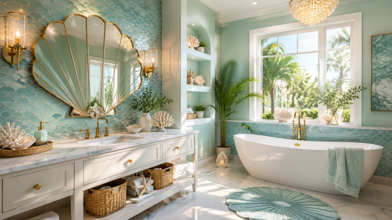 Mermaid bathroom decor ideas featuring aqua tiles, a shell mirror, and a luxury coastal bathroom.