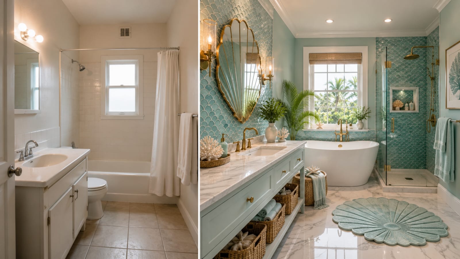 Before and after mermaid bathroom decor transformation with luxury coastal design.