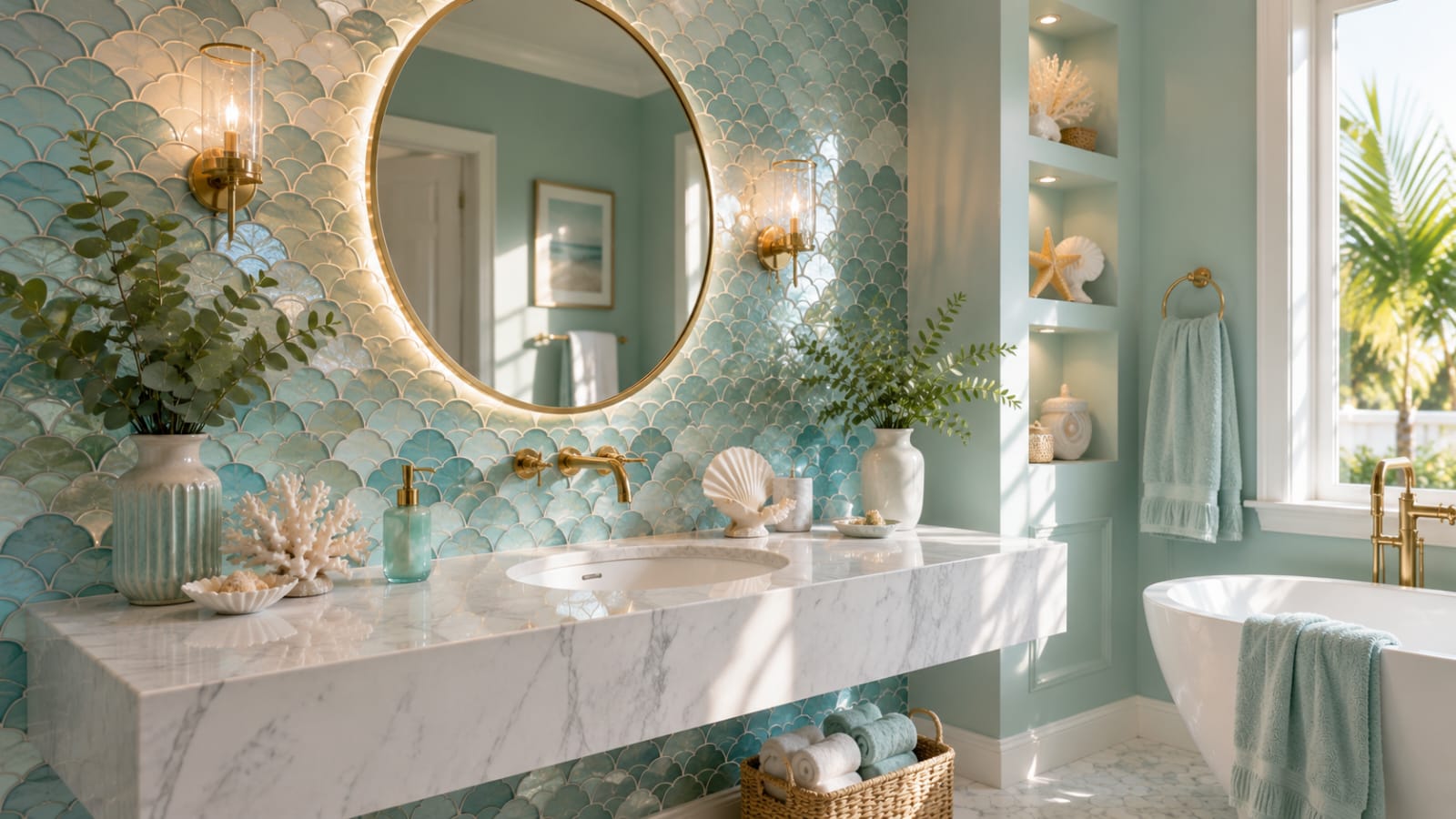 Fish scale tile accent wall for mermaid bathroom decor ideas with a luxury coastal design.