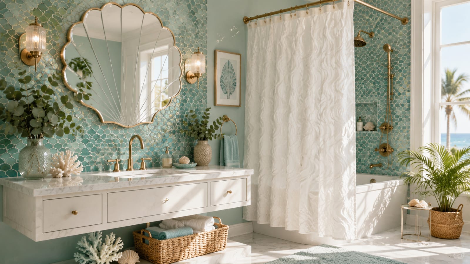 Shell mirror and textured shower curtain for mermaid bathroom decor ideas in a luxury coastal bathroom.