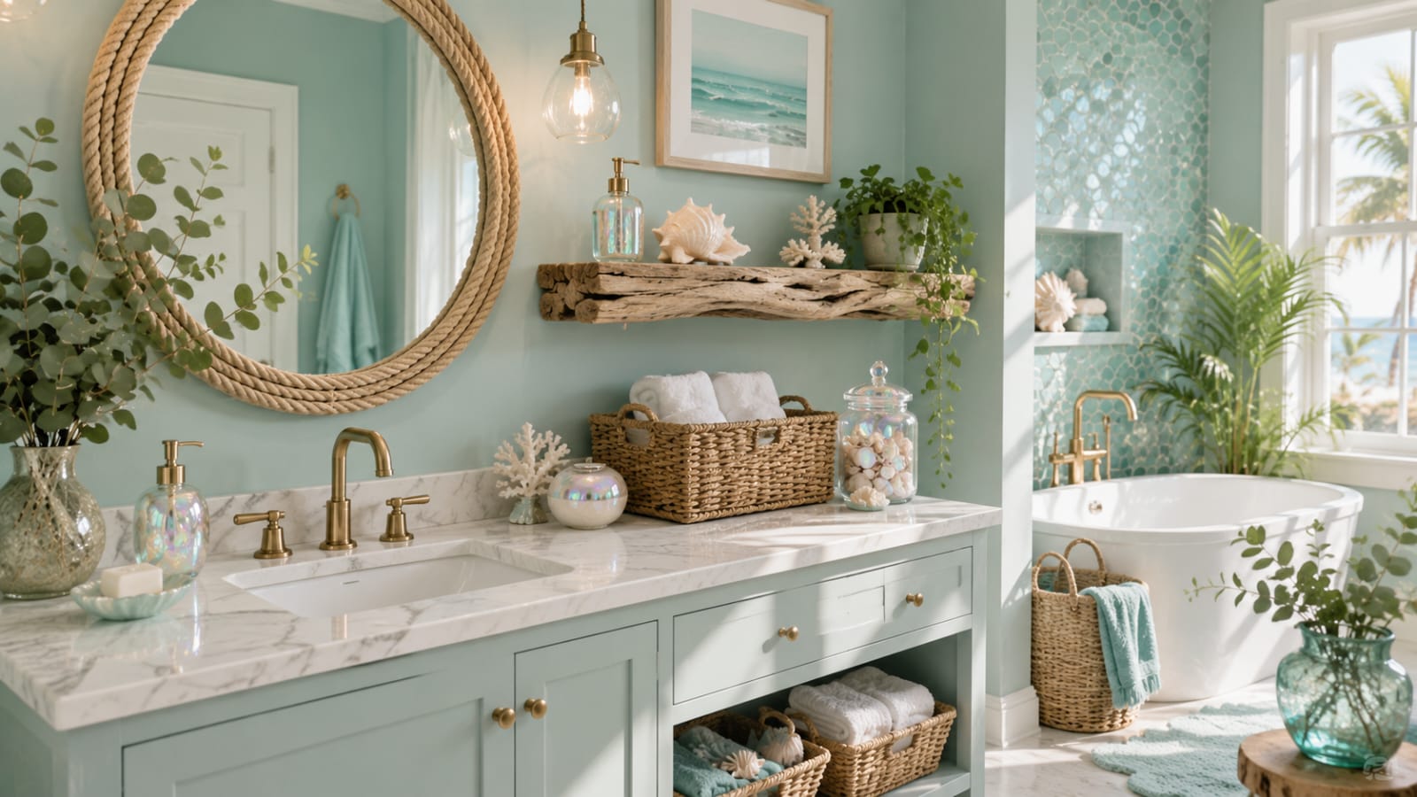 Driftwood shelf and rope mirror for mermaid bathroom decor ideas with coastal styling.