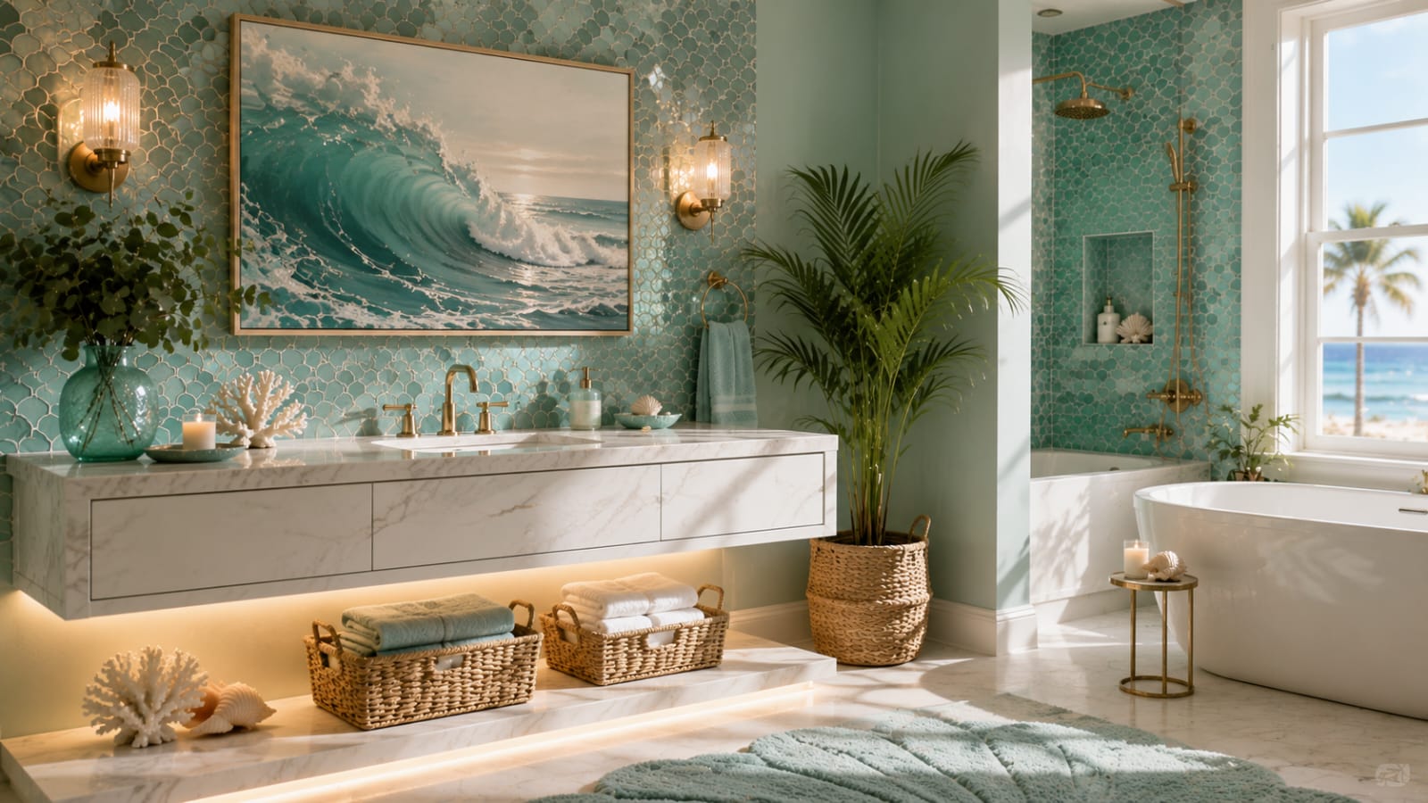 Driftwood shelf and rope mirror for mermaid bathroom decor ideas with coastal styling.