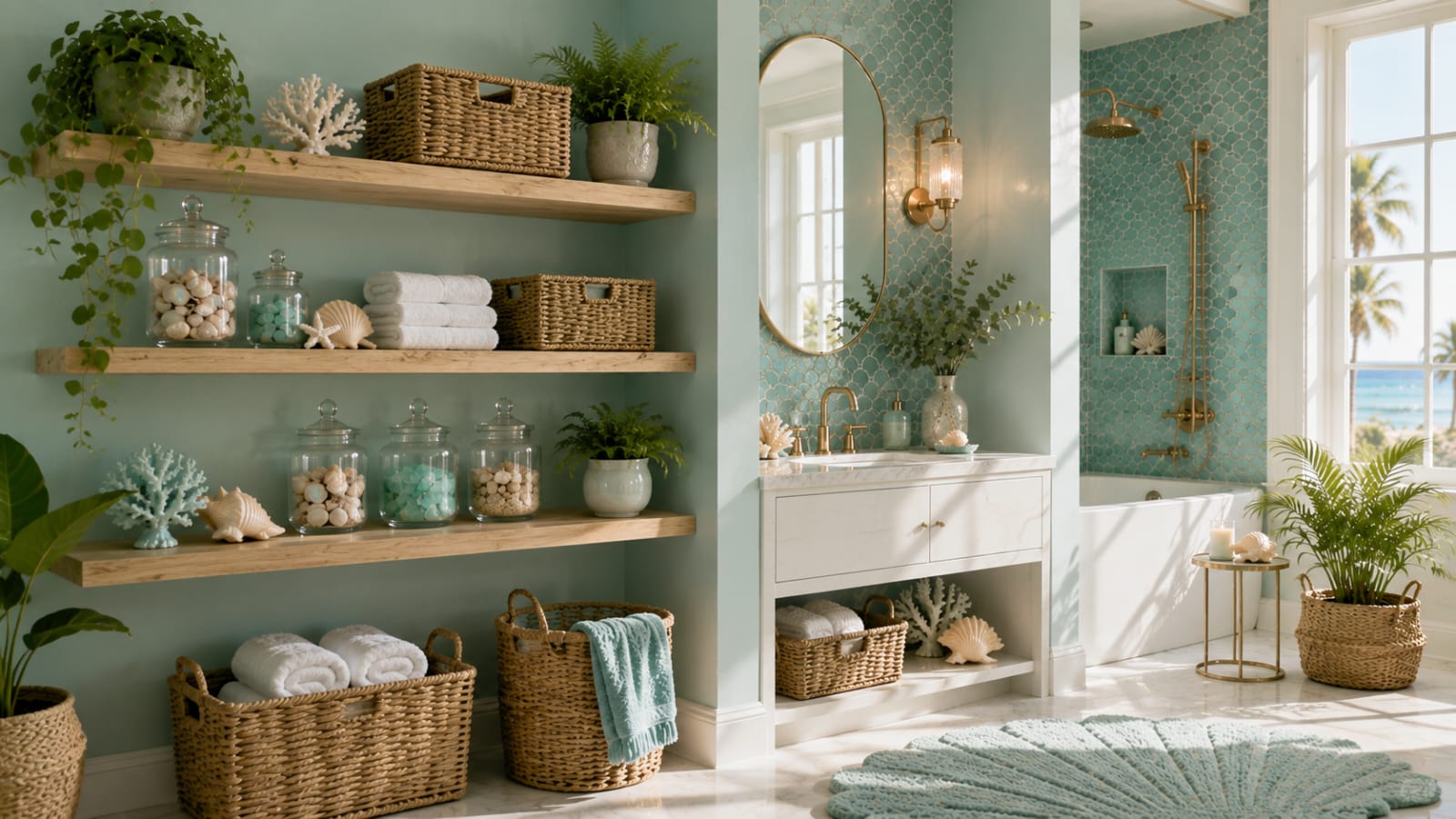 Open shelves with woven baskets and seashell decor for mermaid bathroom decor ideas.