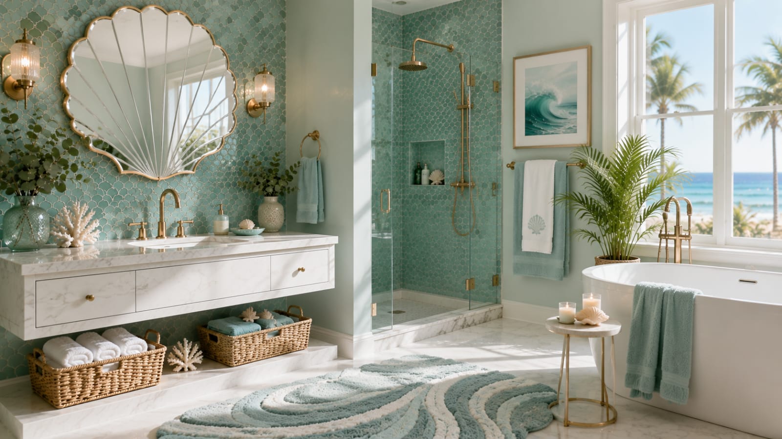 Luxury mermaid bathroom decor ideas with brass fixtures and a wave-pattern bath mat.