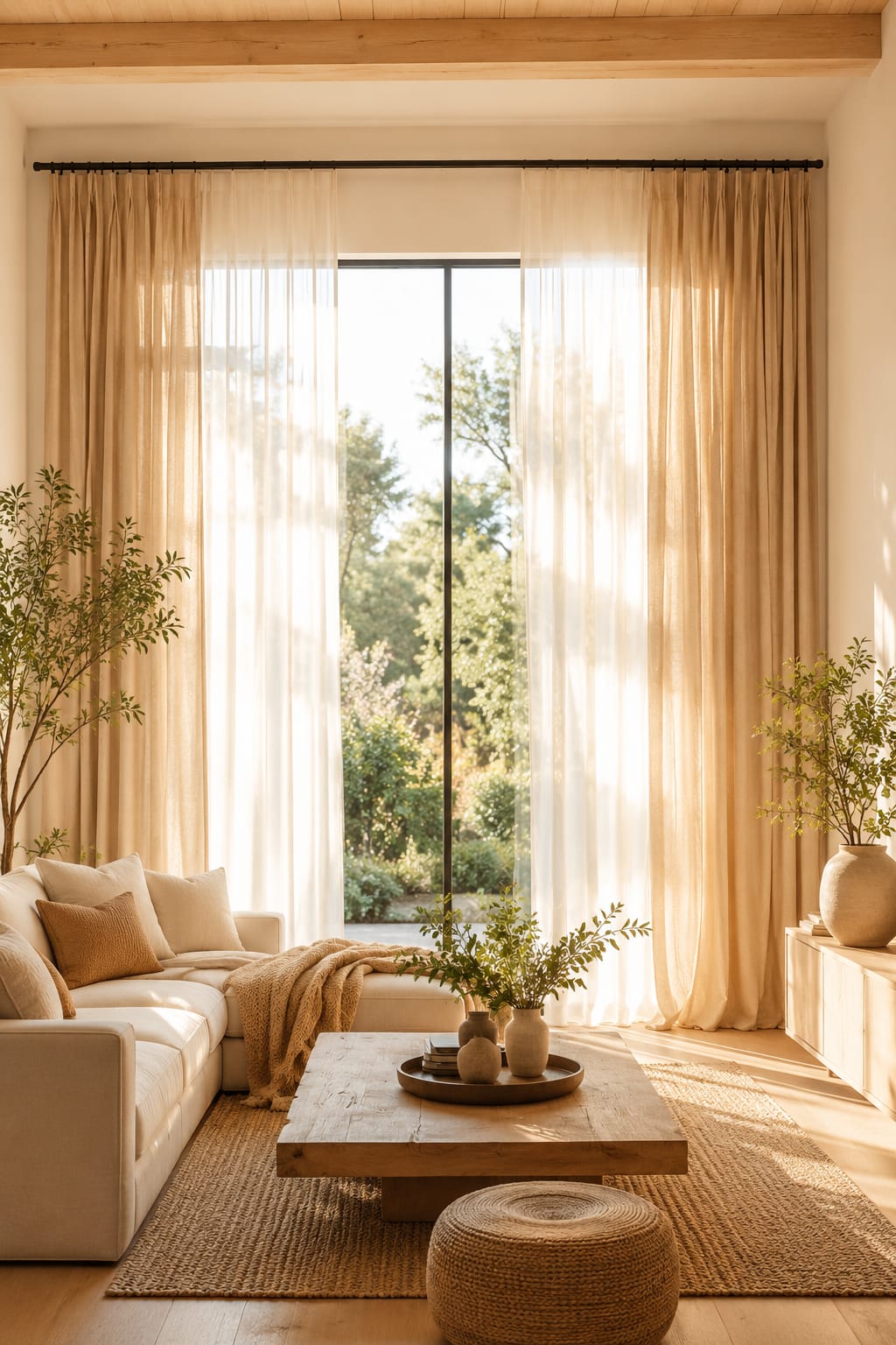 Living room curtain ideas with beige linen curtains, sheer white panels, floor-to-ceiling windows, and modern Scandinavian decor."