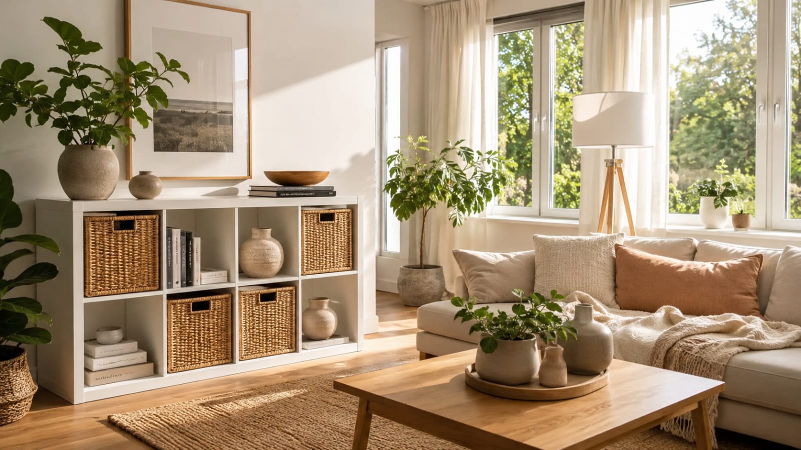 Styled IKEA Kallax shelf in a Scandinavian living room with budget-friendly home decor.