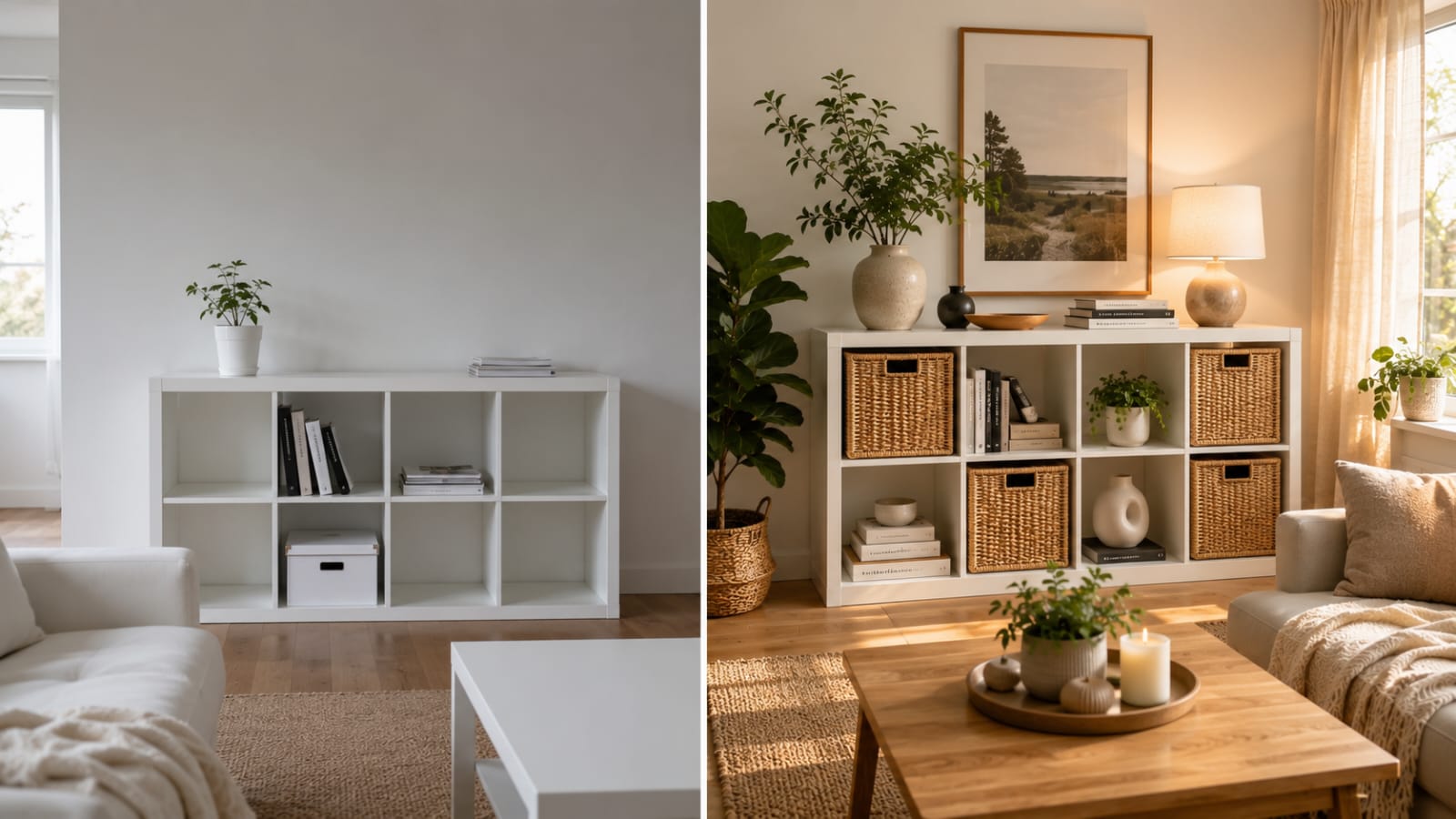 Before and after IKEA Kallax shelf makeover showing stylish home decor transformation.