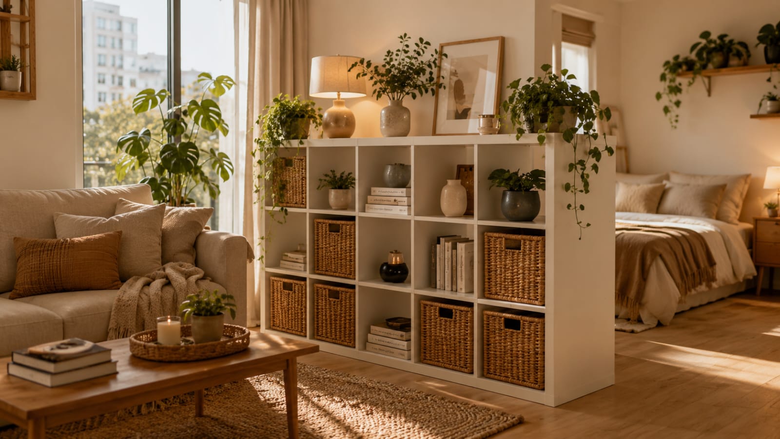 IKEA Kallax shelf used as a stylish room divider in a modern Scandinavian studio apartment.