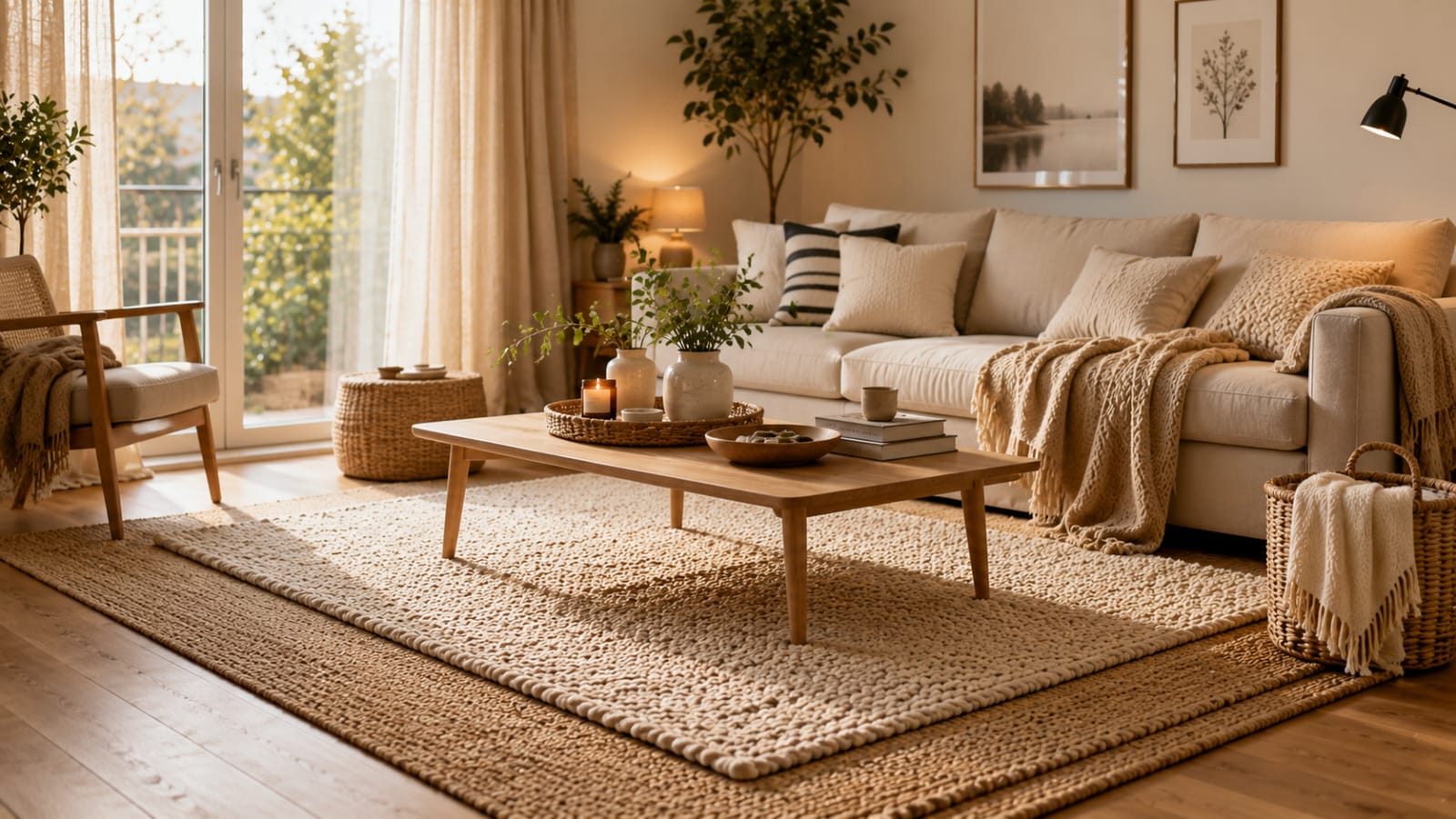 Cozy Scandinavian living room with layered rugs and IKEA-inspired home decor.