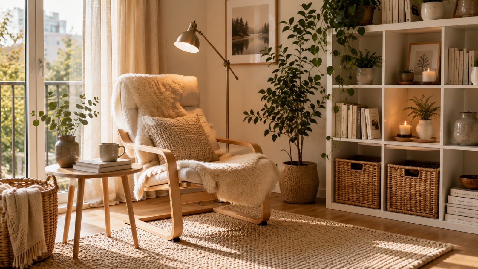 Cozy Scandinavian reading corner with IKEA POÄNG chair and warm home decor.