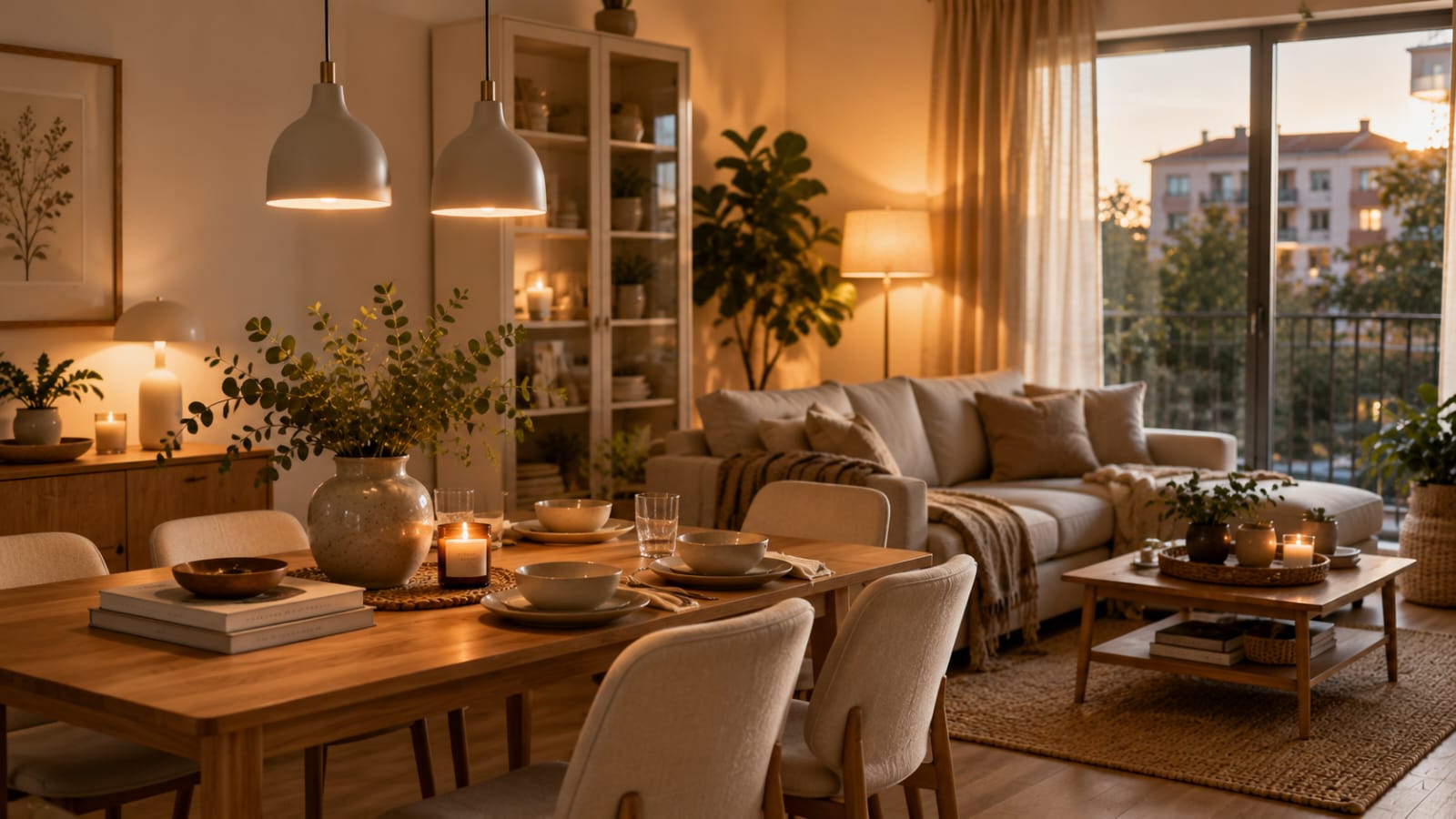 Warm IKEA pendant lighting creating a cozy Scandinavian dining and living room.