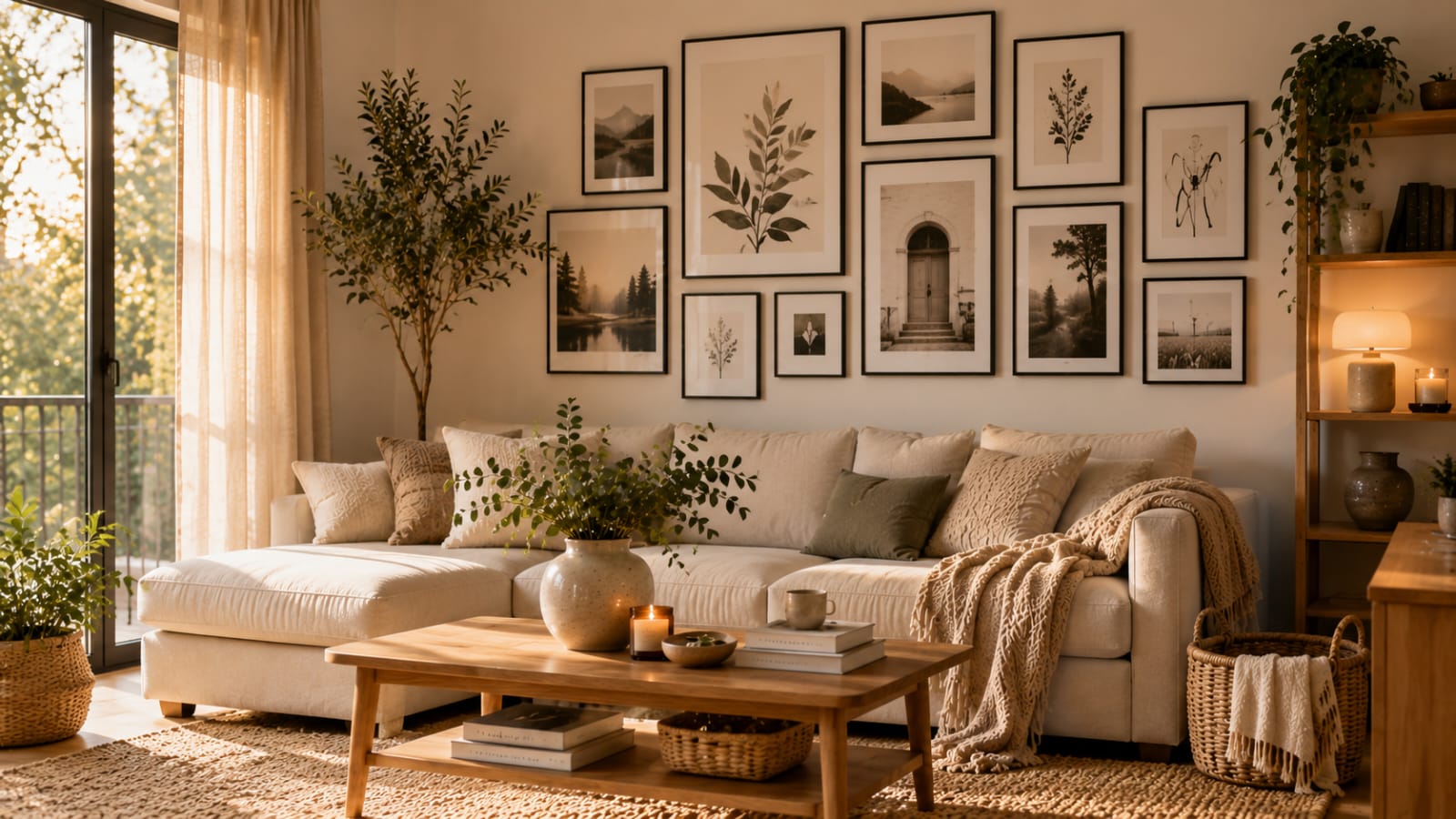 Scandinavian living room with a stylish IKEA gallery wall featuring black picture frames above a beige sofa