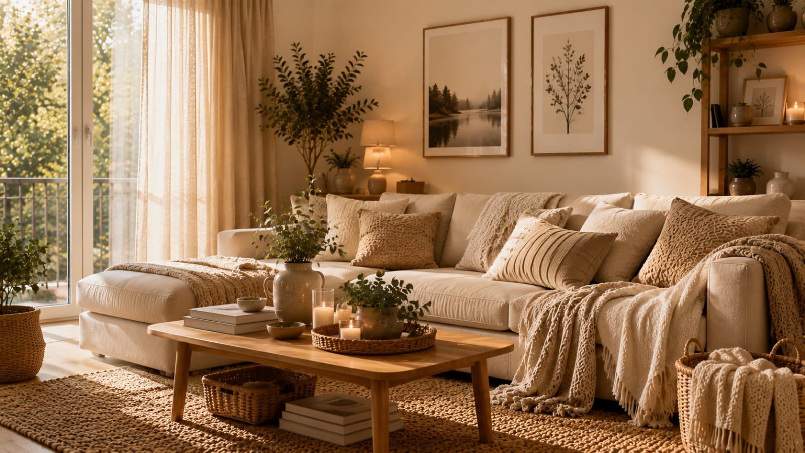 Cozy Scandinavian living room with layered cushions, throw blankets, and soft neutral textiles creating a warm designer look