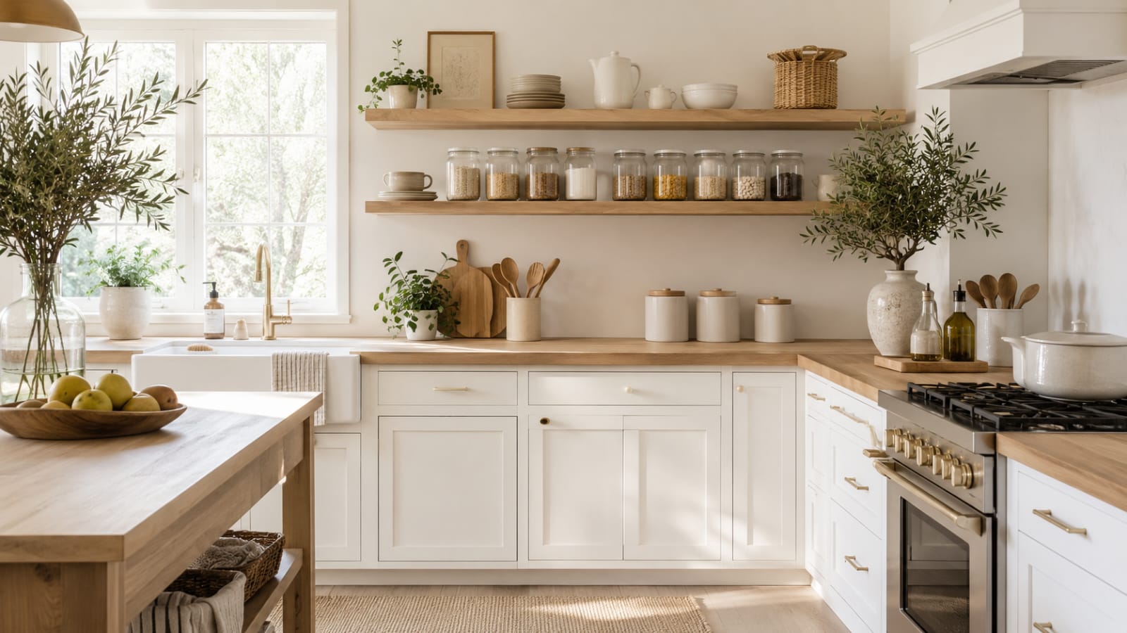 Clean organized kitchen counter showing kitchen counter organization ideas in a bright Scandinavian kitchen.