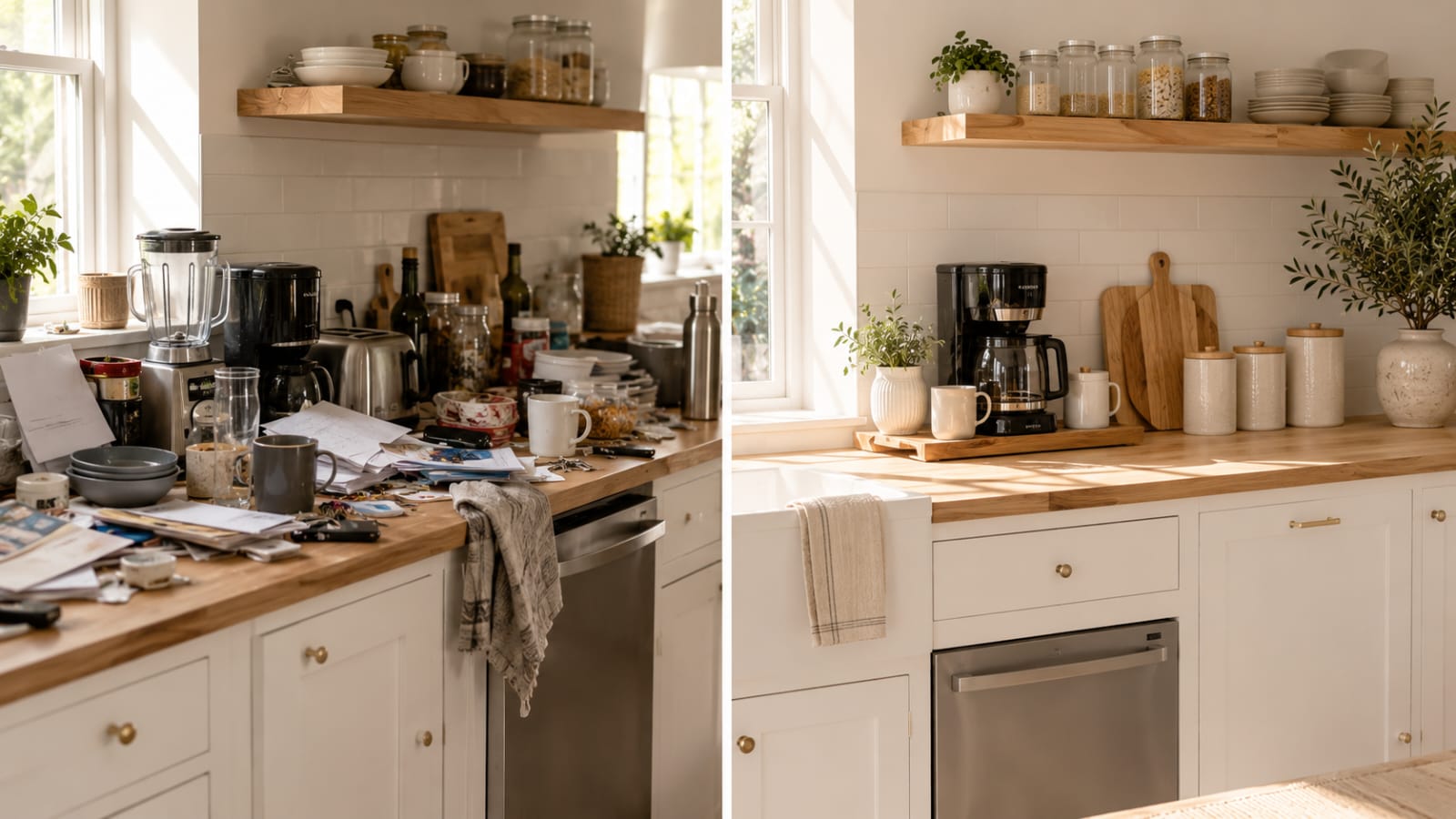 Before and after kitchen counter transformation showing organized Scandinavian kitchen.