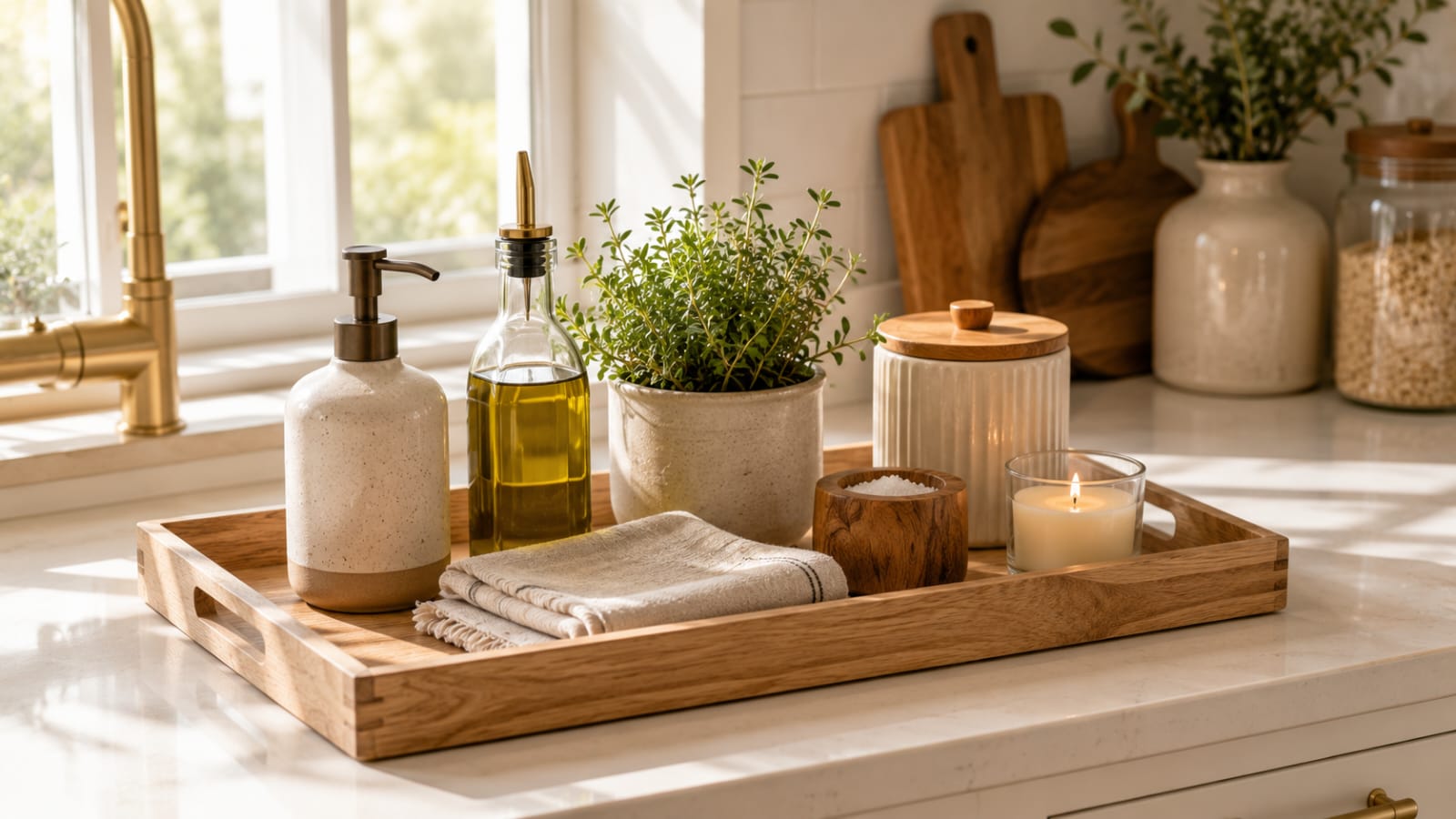 Decorative wooden tray organizing everyday kitchen essentials on a clean Scandinavian countertop.