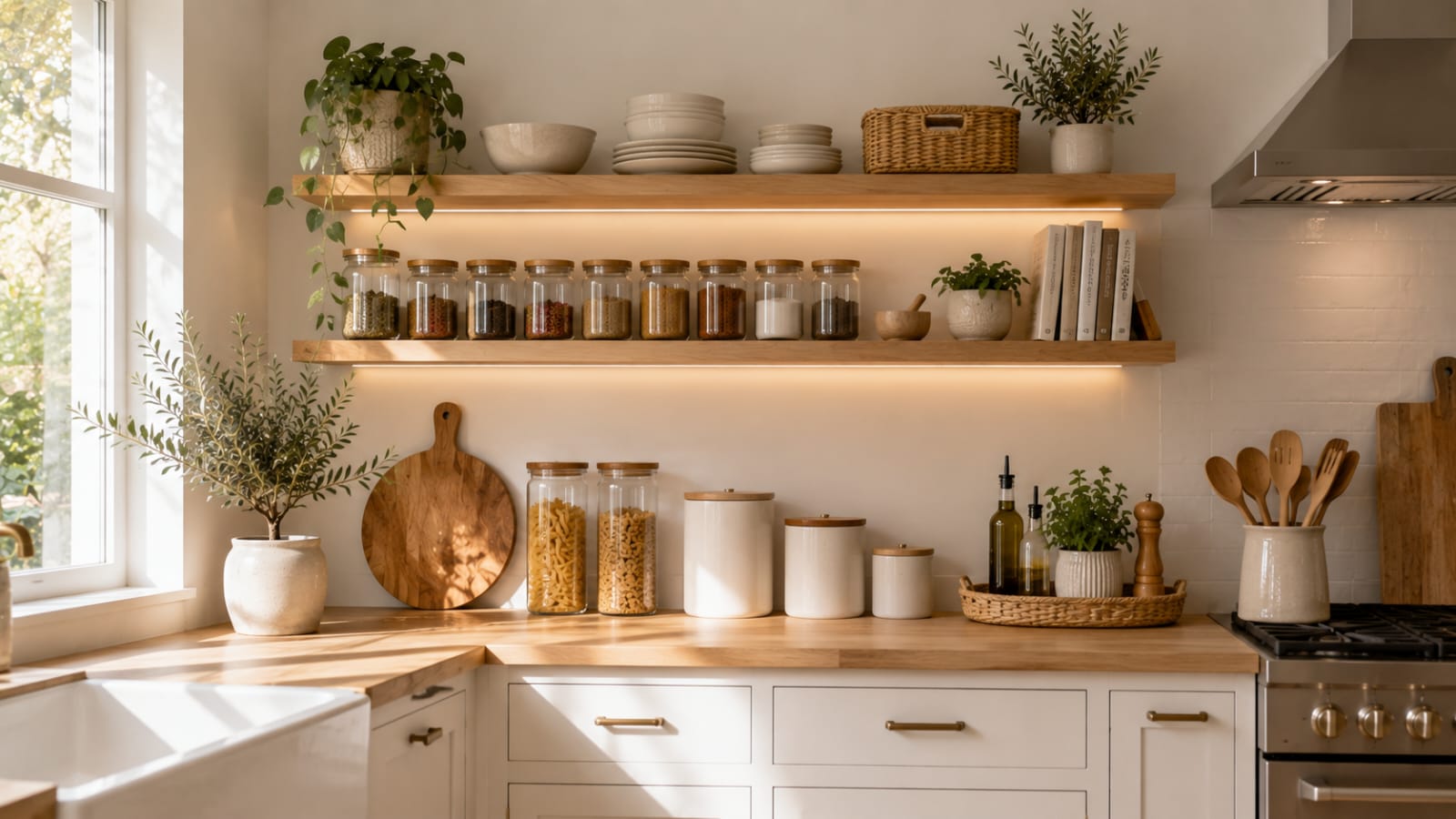Floating oak shelves with organized spices and decor in a Scandinavian kitchen showing vertical kitchen storage ideas.