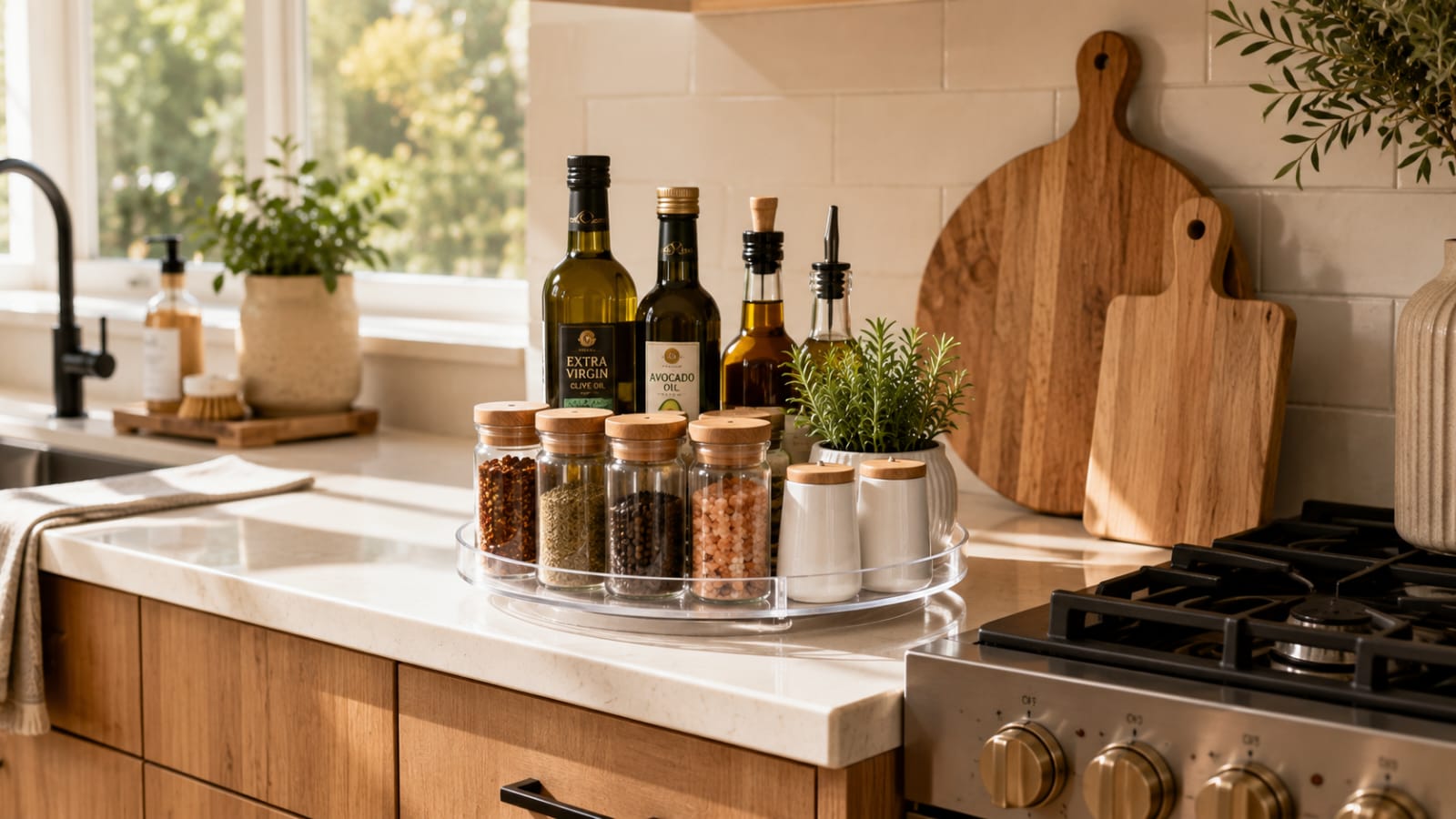 Clear acrylic turntable organizer with cooking oils and spices beside a stove in a Scandinavian kitchen.