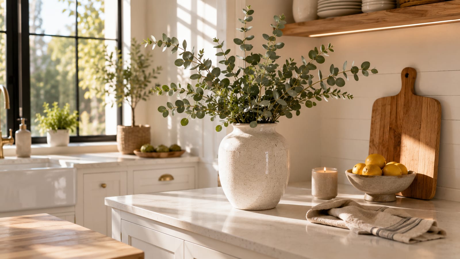 Minimalist Scandinavian kitchen counter styled with one statement ceramic vase and clean modern decor.