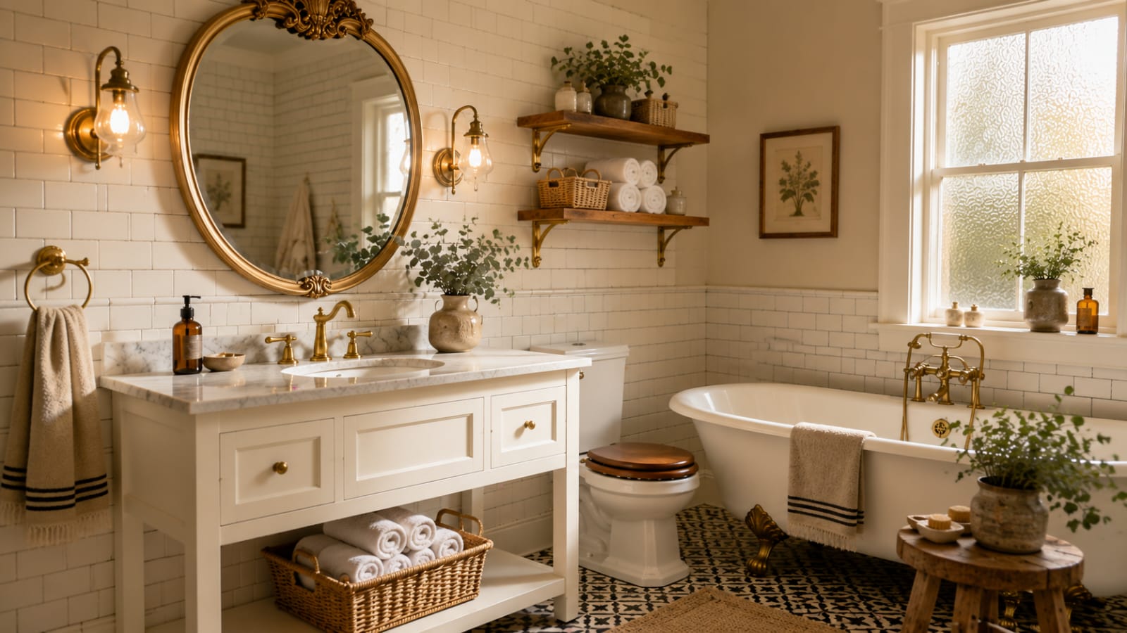 Vintage bathroom decor with antique mirror, brass fixtures, and patterned floor tiles.
