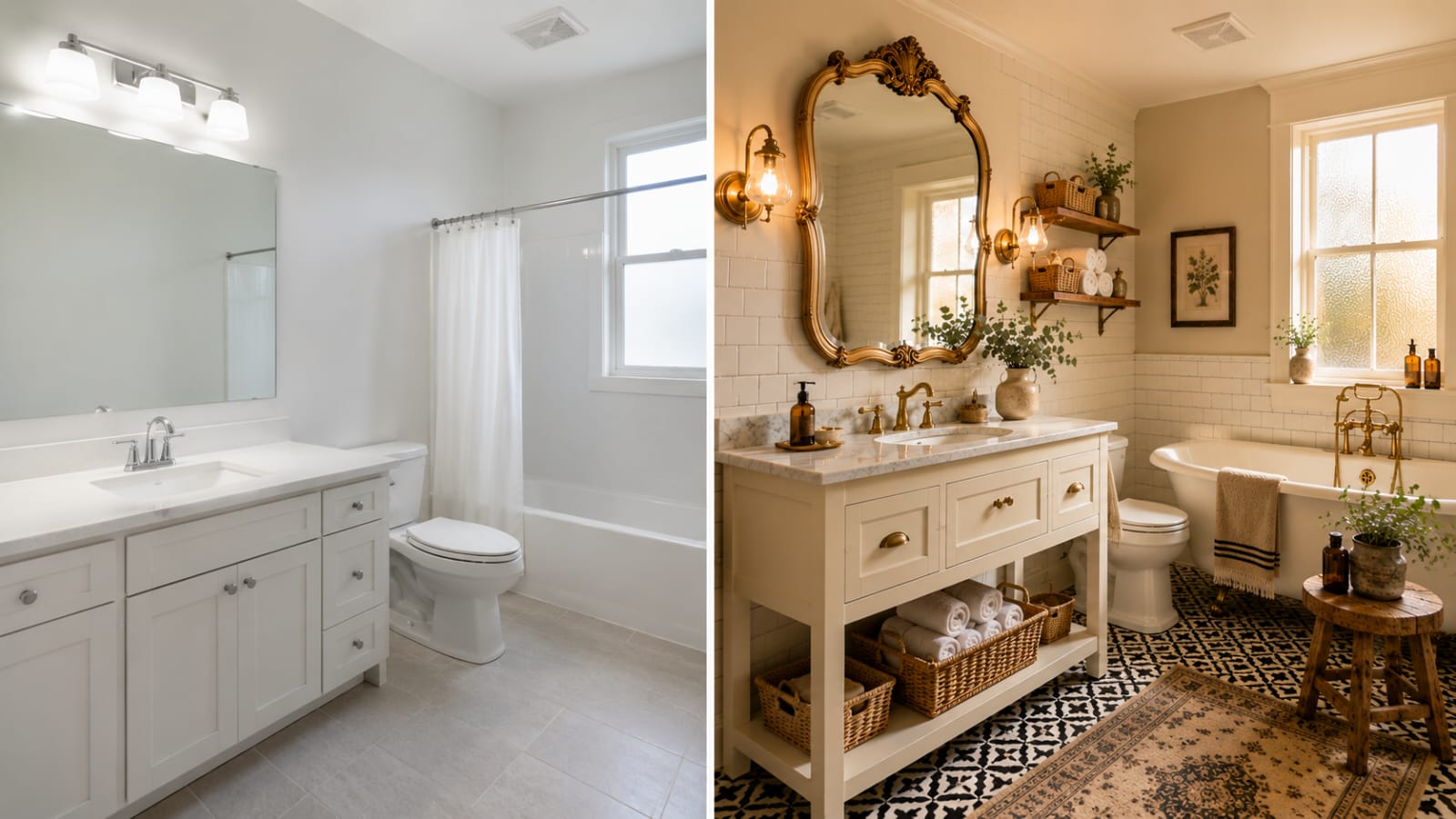 Before and after vintage bathroom makeover with antique mirror, brass fixtures, and patterned floor tiles.