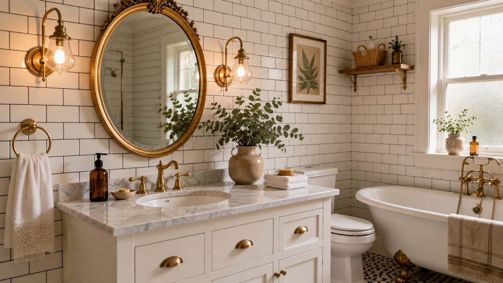 Classic white subway tile wall with brass fixtures in a vintage bathroom.