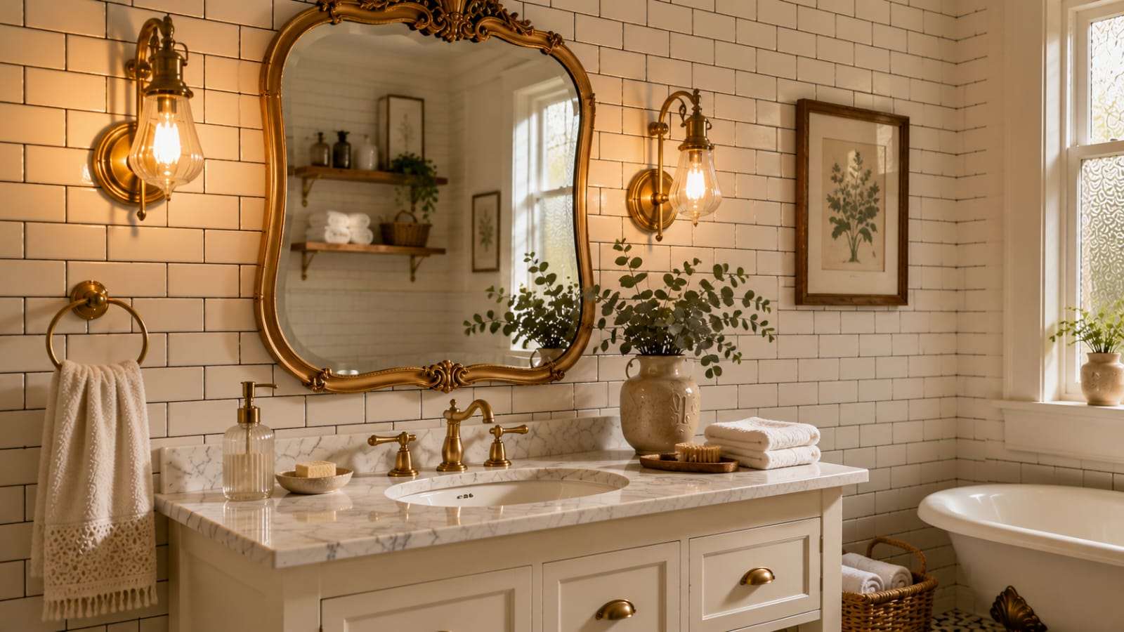 Vintage bathroom lighting with antique brass wall sconces beside an ornate gold mirror.
