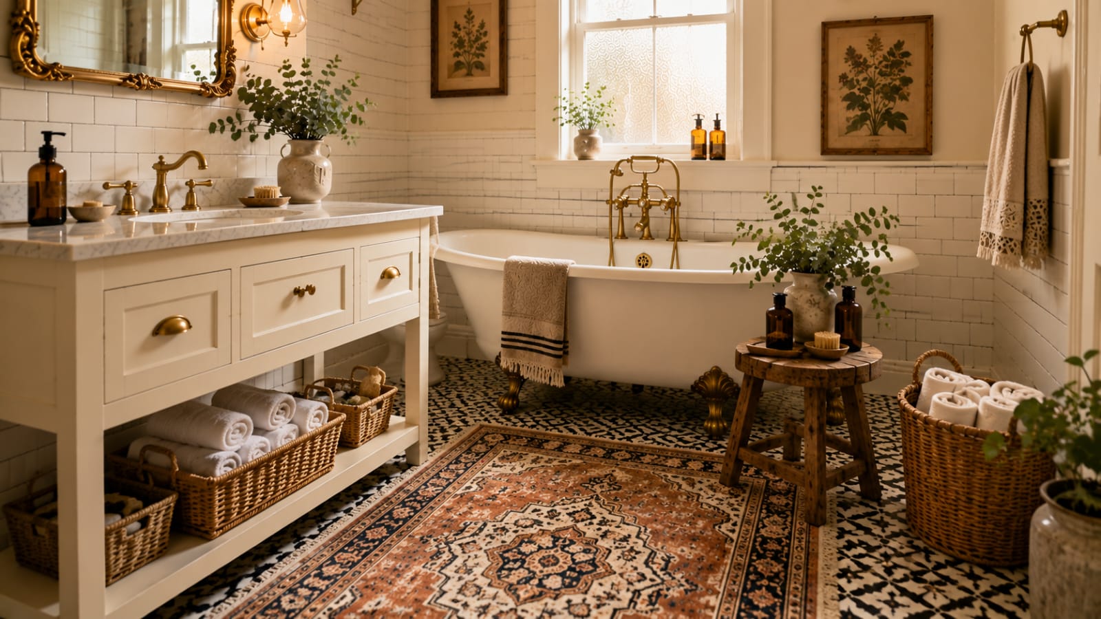 Vintage Persian-style bathroom rug on patterned floor tiles in a timeless vintage bathroom.