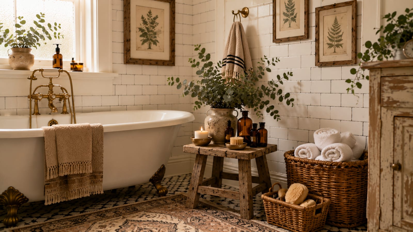 Rustic vintage bathroom decor with a weathered wooden stool, wicker baskets, and antique accessories.