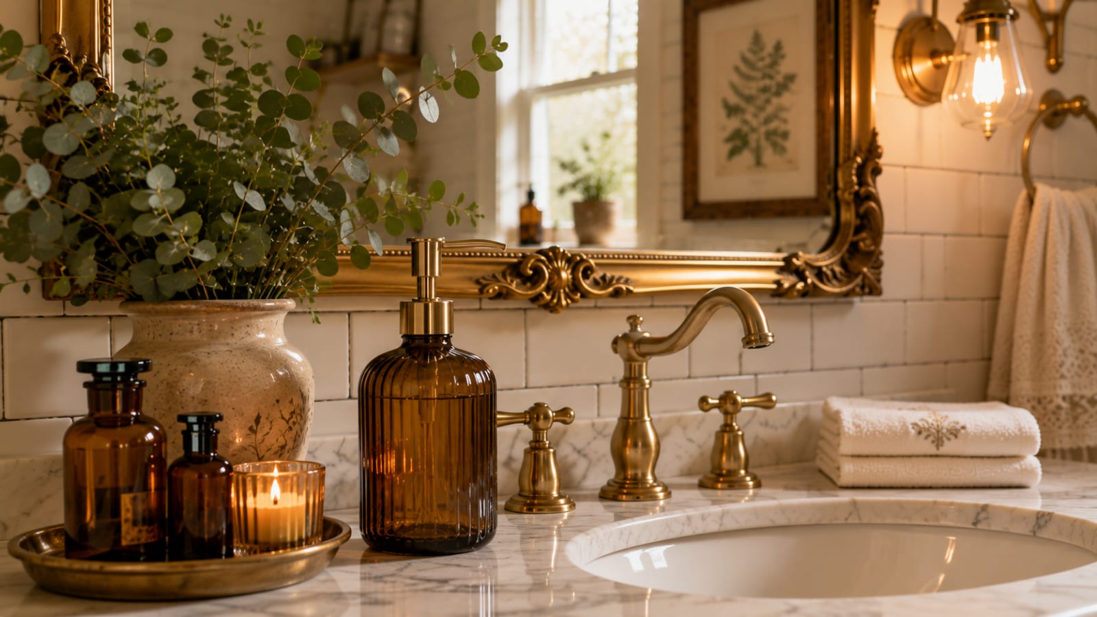 Vintage glass soap dispenser on a marble vanity with brass fixtures in a timeless bathroom.