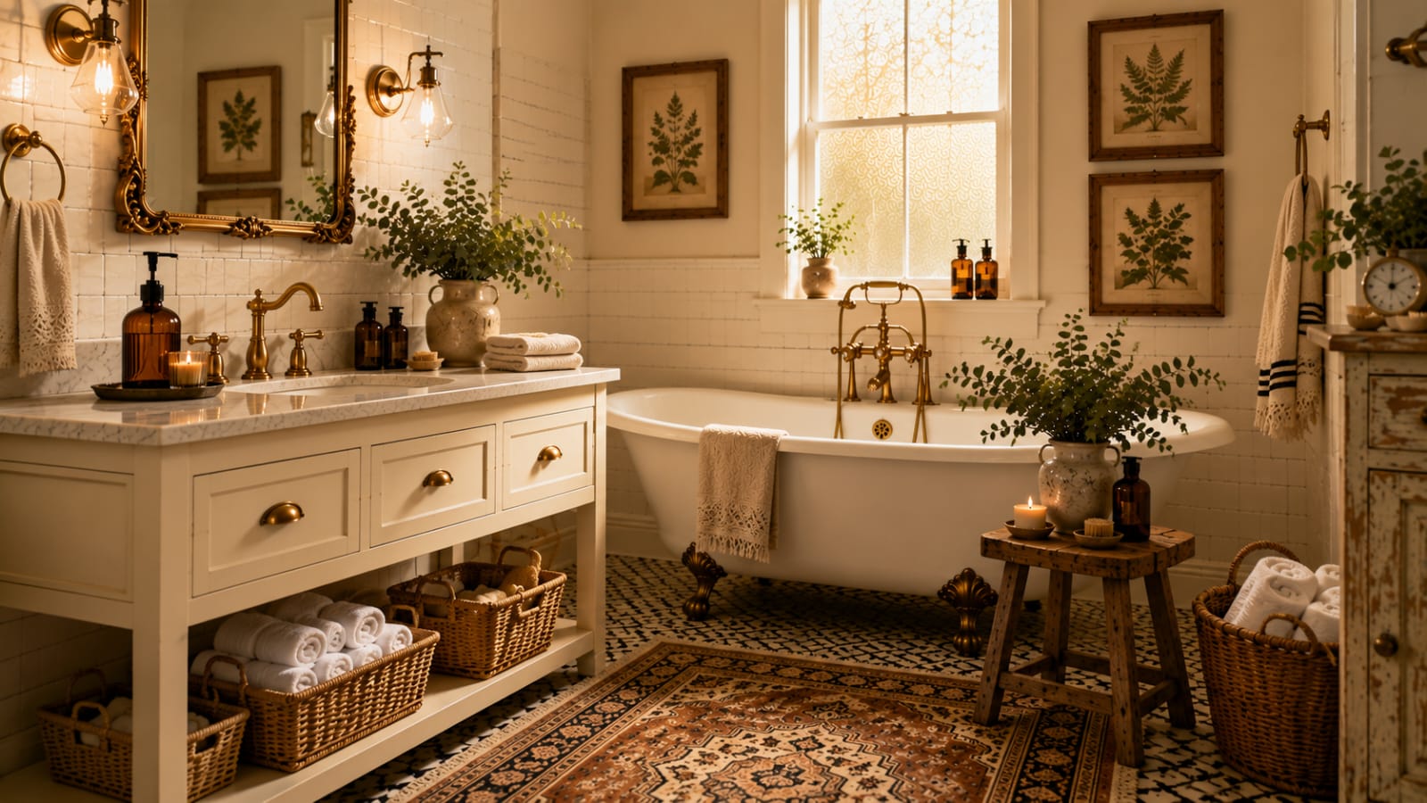 Fully styled vintage bathroom with antique mirror, brass fixtures, vintage rug, and timeless decor.
