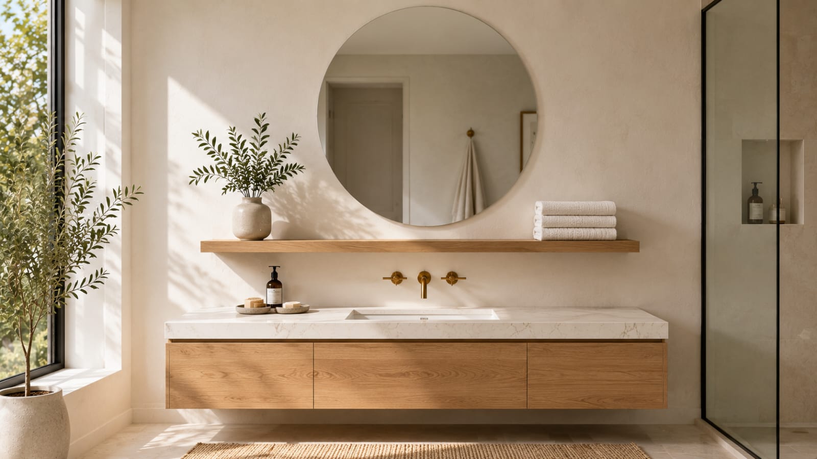 Minimalist bathroom wall decor with a round mirror, floating wooden shelf, and clean Scandinavian styling