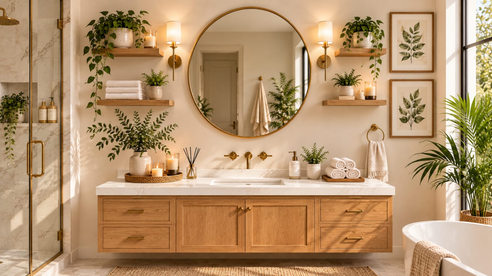 Luxury bathroom wall decor featuring a brass mirror, floating shelves, botanical artwork, and elegant accessories