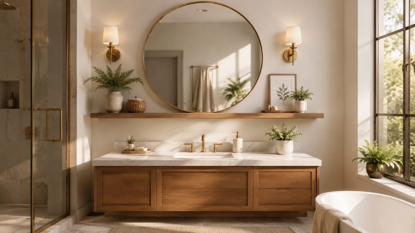 Bathroom wall decor with statement mirror and floating shelf in a modern luxury bathroom