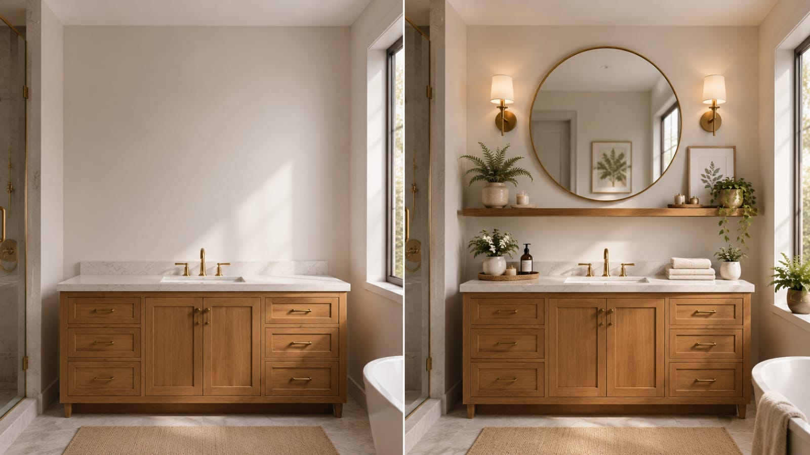 Before and after bathroom wall decor makeover with mirror, shelf, and brass sconces.