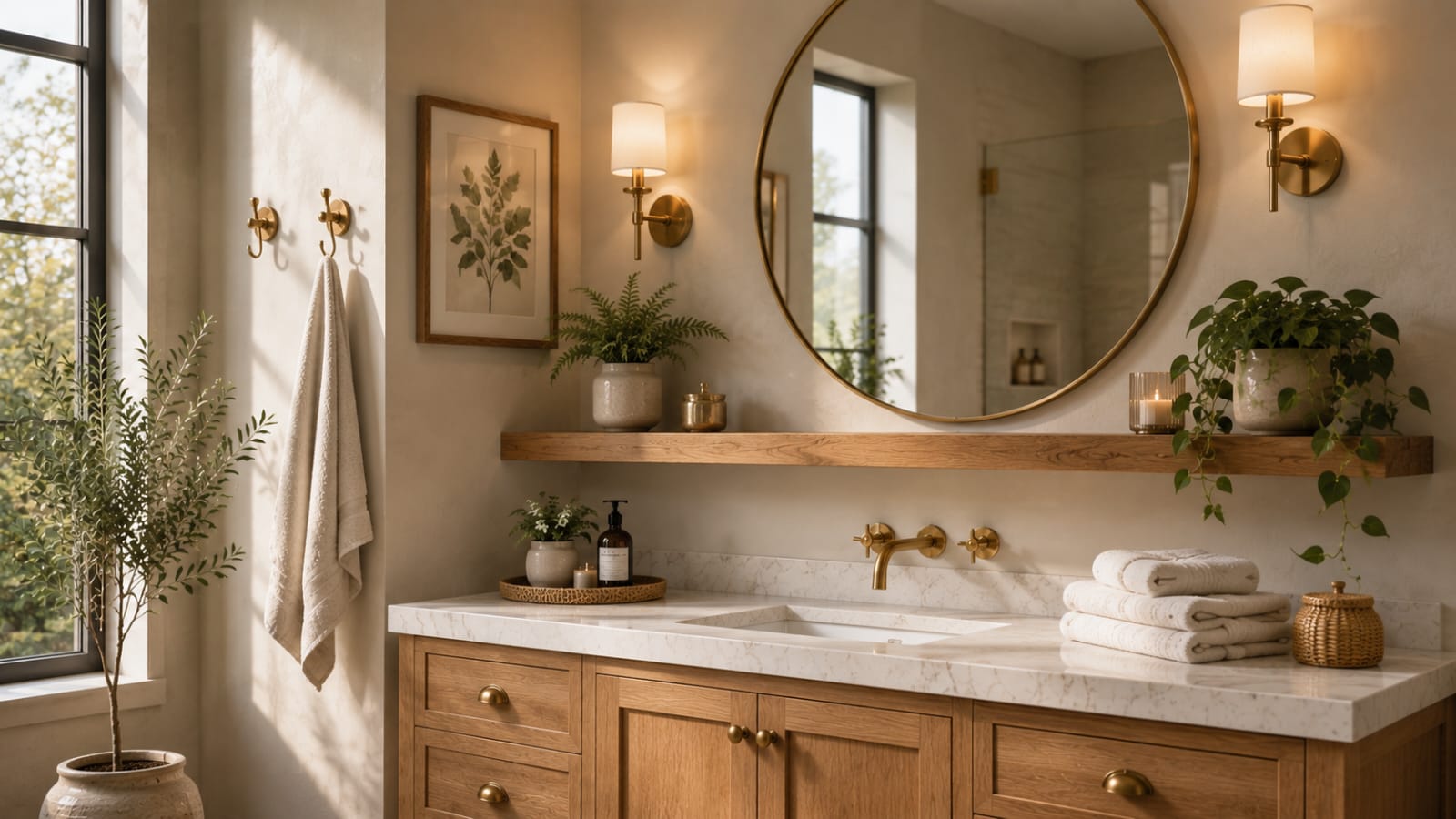 Brass wall accents and decorative bathroom accessories in a modern luxury bathroom