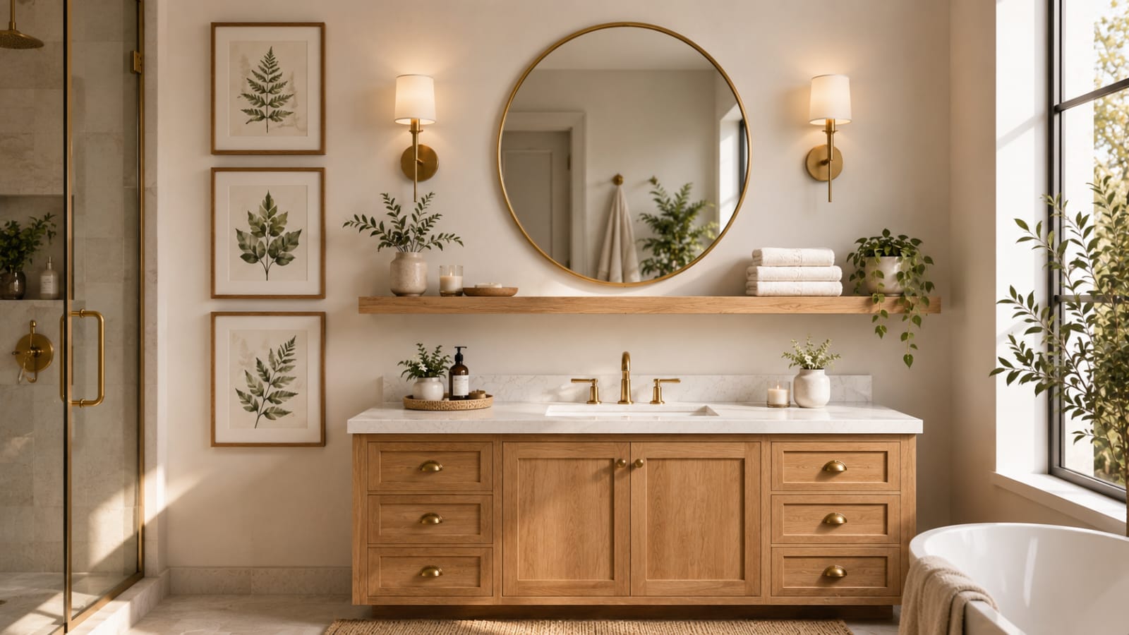 Framed botanical artwork displayed above a modern bathroom vanity with brass accents
